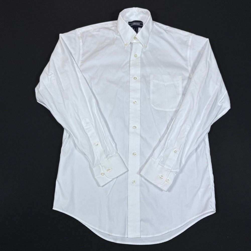 Lands End Mens Classic White Cotton Button Down Shirt LS Pinpoint Collar Sz S